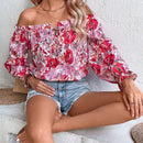 VCAY Blusa con estampado floral de hombros descubiertos de manga con volante ribete con fruncido