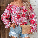 VCAY Blusa con estampado floral de hombros descubiertos de manga con volante ribete con fruncido