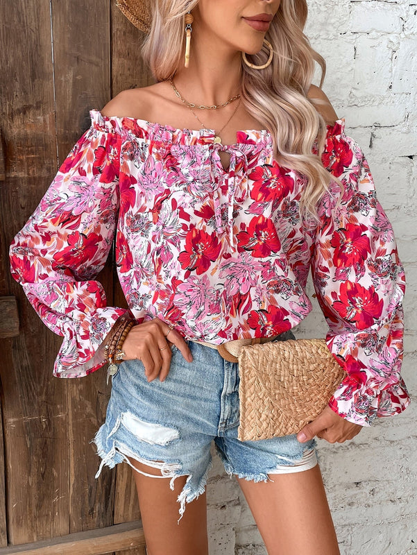VCAY Blusa con estampado floral de hombros descubiertos de manga con volante ribete con fruncido