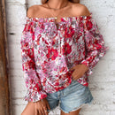 VCAY Blusa con estampado floral de hombros descubiertos de manga con volante ribete con fruncido