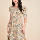 Mulvari Vestido con estampado floral de manga farol ribete con encaje