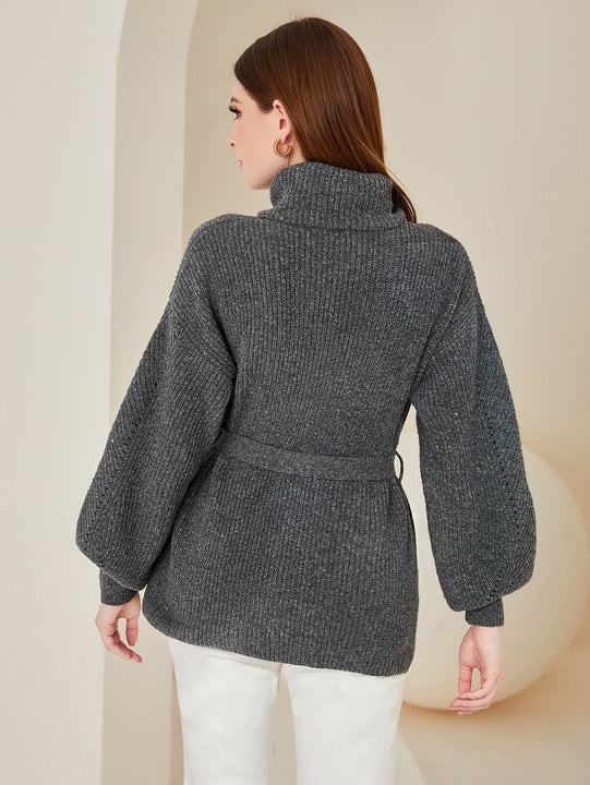 Mulvari Jersey cuello vuelto de manga farol con cinturon