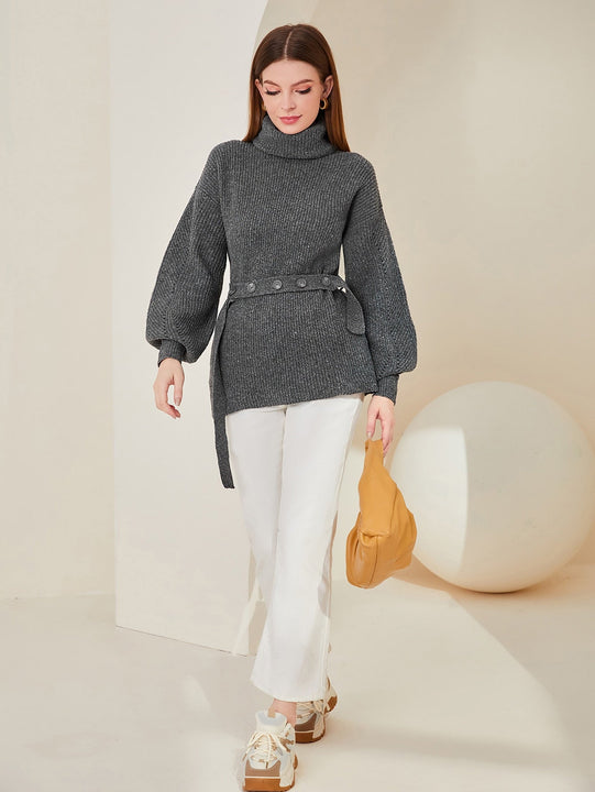 Mulvari Jersey cuello vuelto de manga farol con cinturon