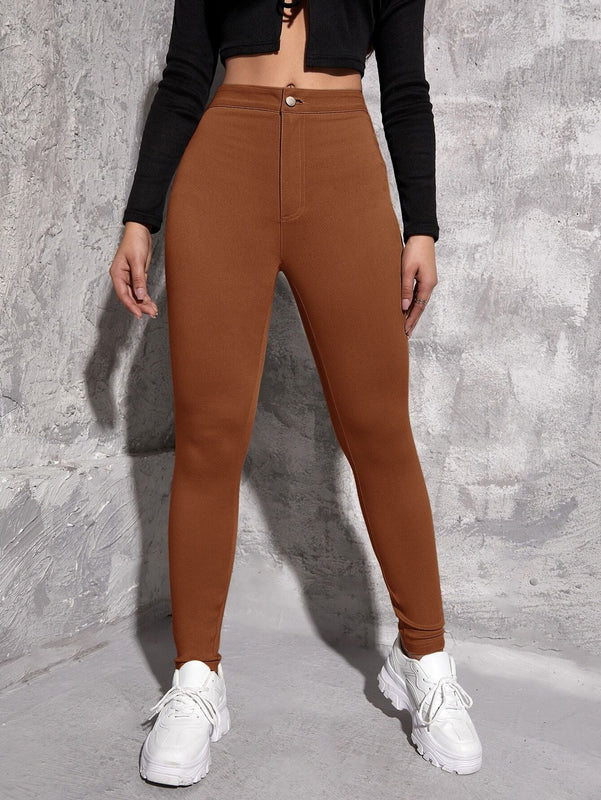 EZwear Pantalon ajustado de cintura alta para mujer en unicolor. Pantalon casual de primavera/verano
