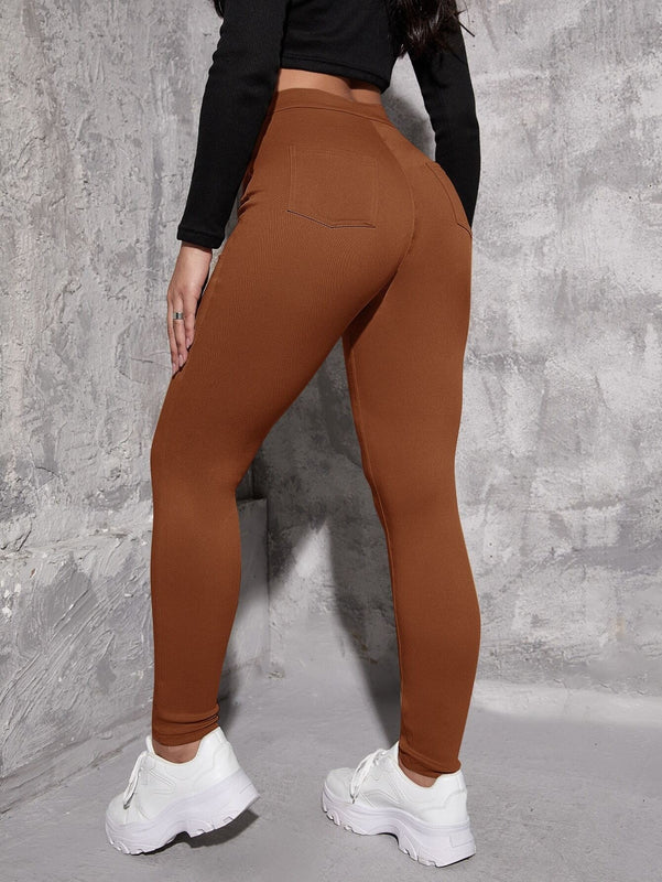 EZwear Pantalon ajustado de cintura alta para mujer en unicolor. Pantalon casual de primavera/verano