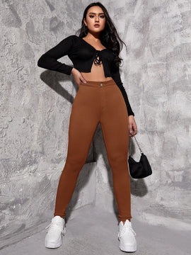 EZwear Pantalon ajustado de cintura alta para mujer en unicolor. Pantalon casual de primavera/verano