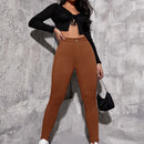 EZwear Pantalon ajustado de cintura alta para mujer en unicolor. Pantalon casual de primavera/verano
