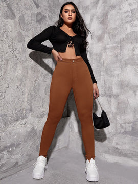 EZwear Pantalon ajustado de cintura alta para mujer en unicolor. Pantalon casual de primavera/verano