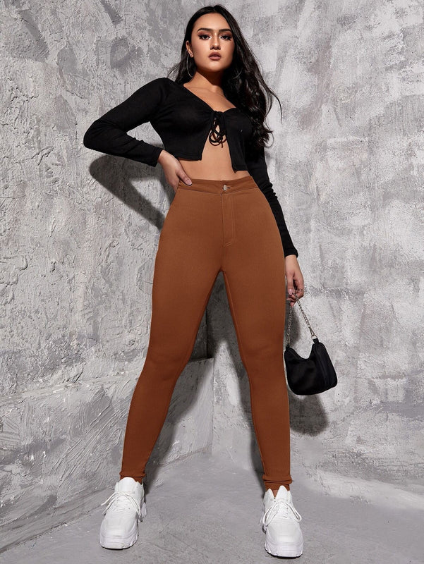 EZwear Pantalon ajustado de cintura alta para mujer en unicolor. Pantalon casual de primavera/verano