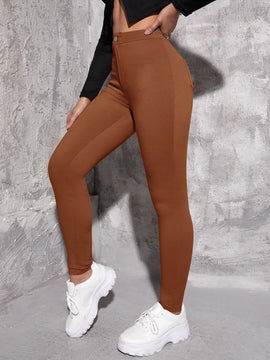 EZwear Pantalon ajustado de cintura alta para mujer en unicolor. Pantalon casual de primavera/verano