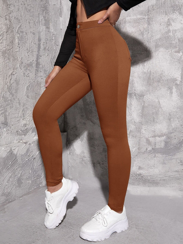 EZwear Pantalon ajustado de cintura alta para mujer en unicolor. Pantalon casual de primavera/verano