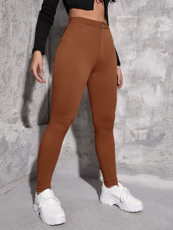 EZwear Pantalon ajustado de cintura alta para mujer en unicolor. Pantalon casual de primavera/verano