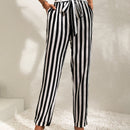 Vcay pantalones con estampado de rayas de cintura con volante con cinturon