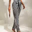 Vcay pantalones con estampado de rayas de cintura con volante con cinturon