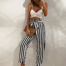 Vcay pantalones con estampado de rayas de cintura con volante con cinturon