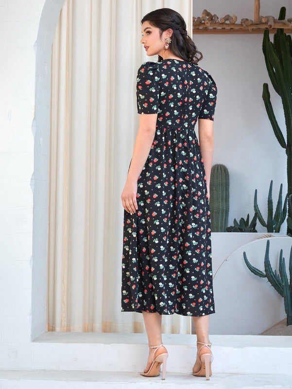Mulvari Vestido con estampado floral con encaje en contraste cuello de manga farol