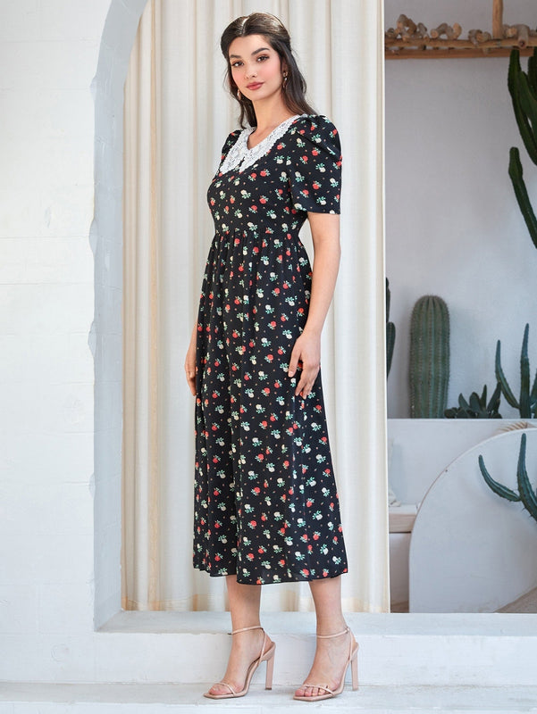 Mulvari Vestido con estampado floral con encaje en contraste cuello de manga farol