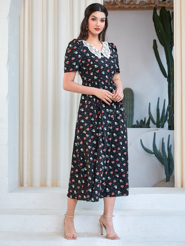 Mulvari Vestido con estampado floral con encaje en contraste cuello de manga farol