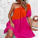 VCAY Vestido de color combinado de un hombro de manga farol