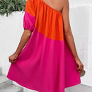 VCAY Vestido de color combinado de un hombro de manga farol