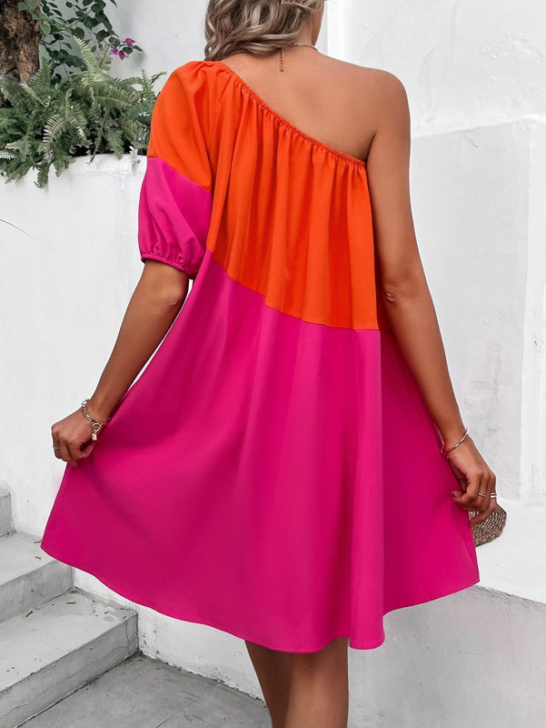 VCAY Vestido de color combinado de un hombro de manga farol