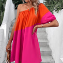 VCAY Vestido de color combinado de un hombro de manga farol
