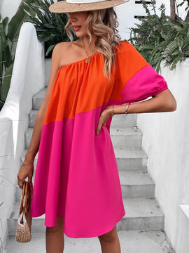 VCAY Vestido de color combinado de un hombro de manga farol