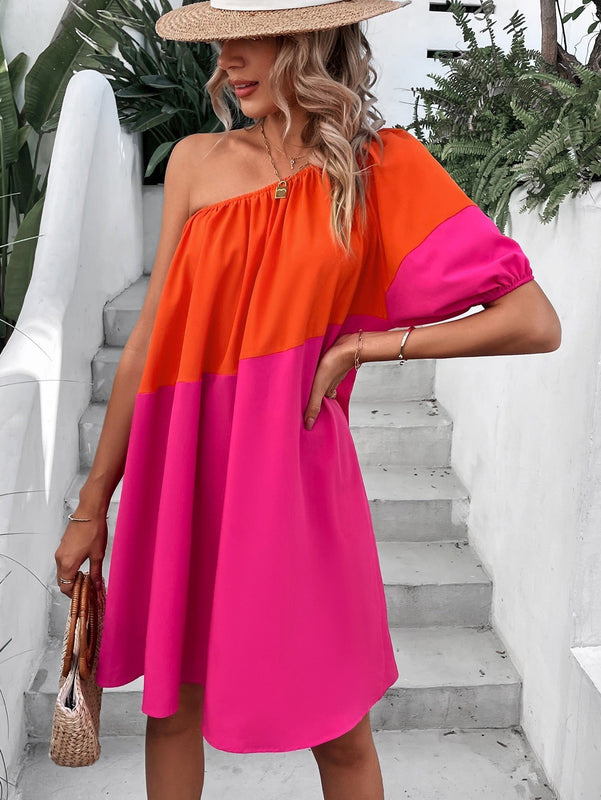 VCAY Vestido de color combinado de un hombro de manga farol