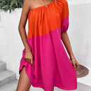 VCAY Vestido de color combinado de un hombro de manga farol