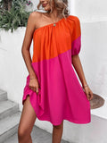 VCAY Vestido de color combinado de un hombro de manga farol