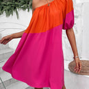 VCAY Vestido de color combinado de un hombro de manga farol