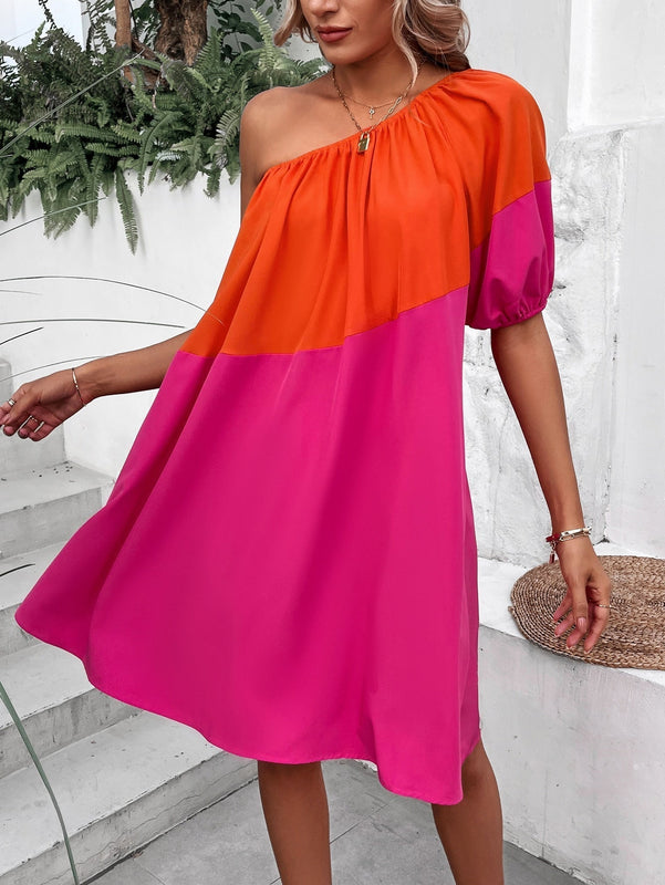 VCAY Vestido de color combinado de un hombro de manga farol