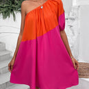 VCAY Vestido de color combinado de un hombro de manga farol