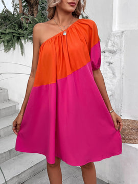 VCAY Vestido de color combinado de un hombro de manga farol