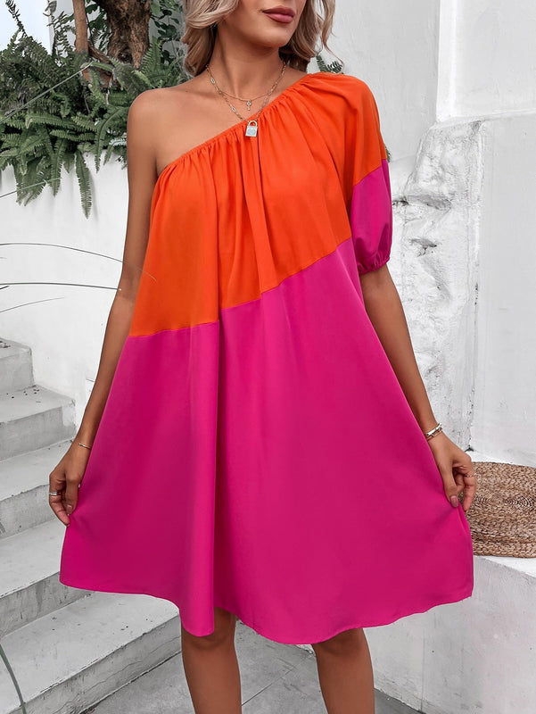 VCAY Vestido de color combinado de un hombro de manga farol