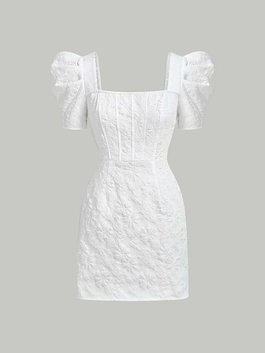 Mod vestido floral jacquard de cuello cuadrado de manga farol