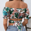 VCAY Blusa con estampado floral de hombros descubiertos con cordon trasero crop playa