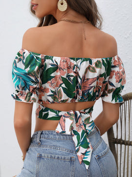 VCAY Blusa con estampado floral de hombros descubiertos con cordon trasero crop playa