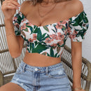 VCAY Blusa con estampado floral de hombros descubiertos con cordon trasero crop playa