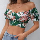 VCAY Blusa con estampado floral de hombros descubiertos con cordon trasero crop playa
