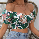 VCAY Blusa con estampado floral de hombros descubiertos con cordon trasero crop playa