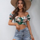 VCAY Blusa con estampado floral de hombros descubiertos con cordon trasero crop playa