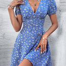 VCAY Vestido con estampado floral de cuello V profundo de manga farol