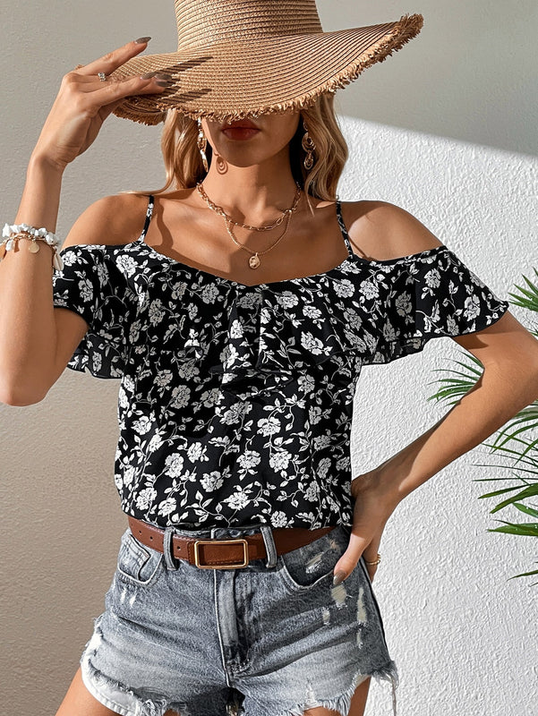 VCAY Blusa con estampado floral de hombros descubiertos