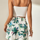 VCAY Shorts de pierna ancha con estampado tropical con nudo delantero de cintura con volante