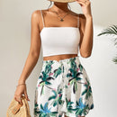 VCAY Shorts de pierna ancha con estampado tropical con nudo delantero de cintura con volante