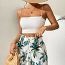 VCAY Shorts de pierna ancha con estampado tropical con nudo delantero de cintura con volante