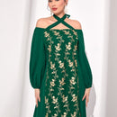 Najma Vestido con estampado floral con tira cruzada de cuello halter de manga farol