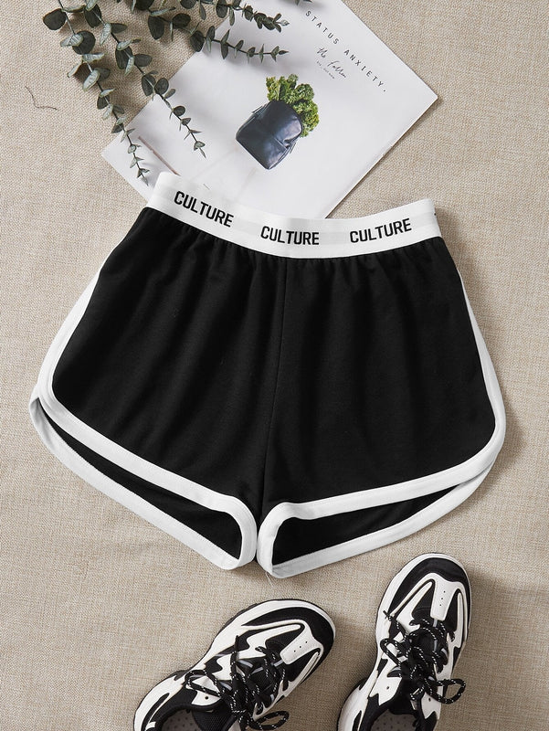 EZwear Shorts de cintura con cinta con letra ribete en contraste