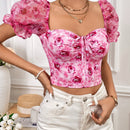 VCAY Top crop con estampado floral con cordon delantero de manga farol